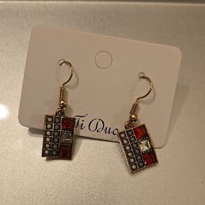 Gold and Red Rectangular Earrings with Sparkling Accents